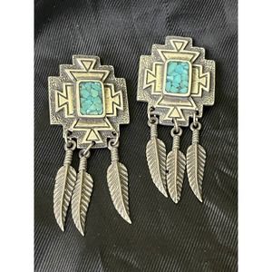 Southwestern Stud Earrings Chipped Turquoise & Pewter Dangle Feathers By EGE 2"